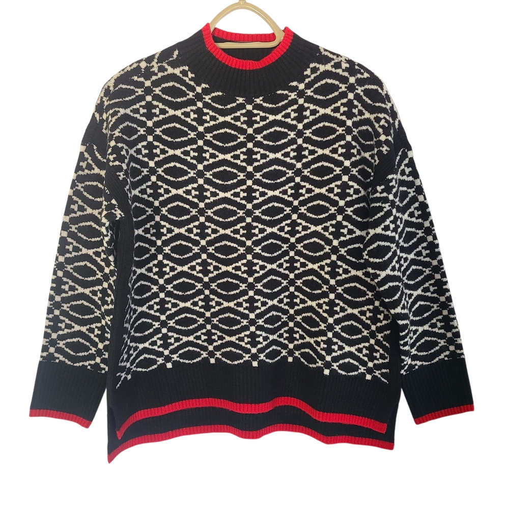T by Talbots Geometric Jacquard Knit Mock Neck Sweater Black White Red Petite M